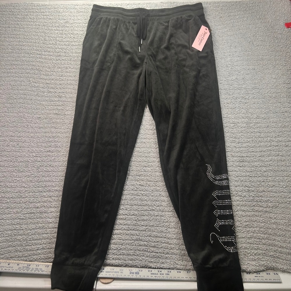 Juicy Couture Velour Joggers Rhinestone Black Large Y2K McBling Glam Loungewear